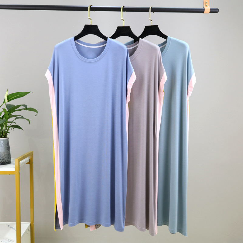 Summer Modal Color-Blocked Long Dress with Loose Batwing Sleeves, Women's Mid-Length Plus-Size Loose-Fitting Outerwear and Home Wear Summer Modal Color-Blocked Long Dress with Loose Batwing Sleeves, Women's Mid-Length Plus-Size Loose-Fitting Outerwear and Home Wear