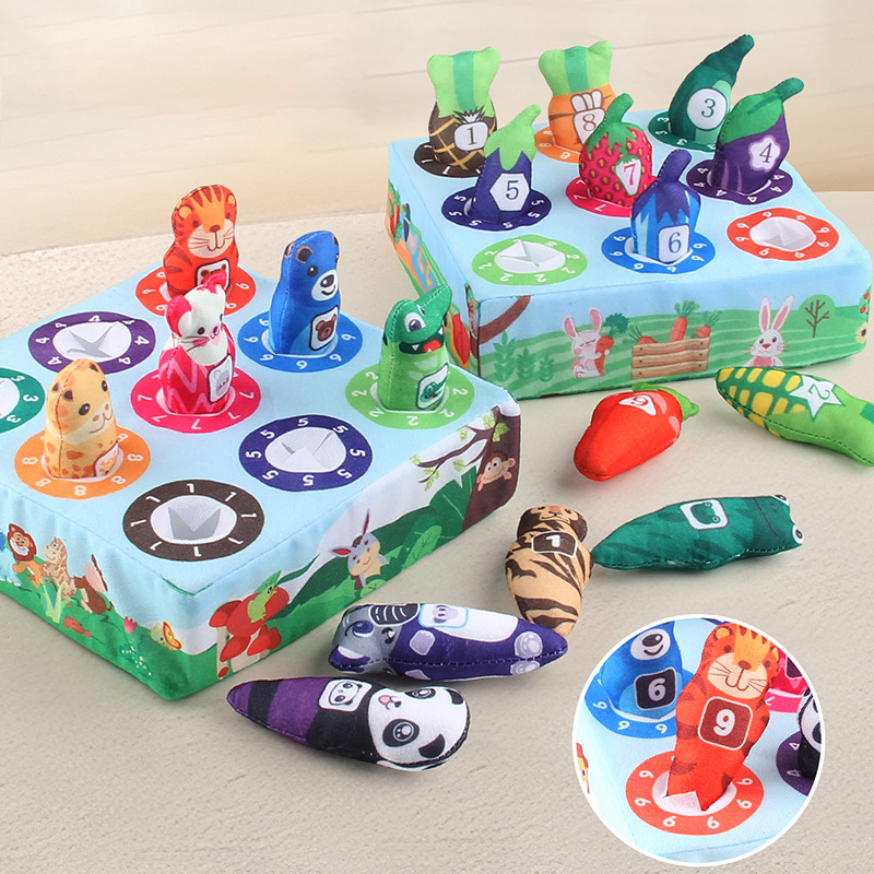 Educación temprana infantil simulación divertida caja de rabanes puzzle animales verduras cognición emparejamiento peludo caja de pescado juguete