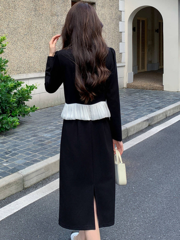2025秋季新款女装高级感领口串珠高腰显瘦气质拼接连衣裙CB8592|undefined