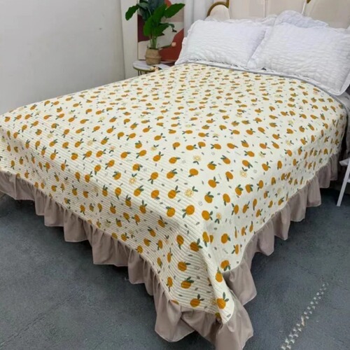 Small fresh cotton and linen lace bed cover for all seasons, quilted bed skirt, double-sided blanket, machine washable tatami sheets