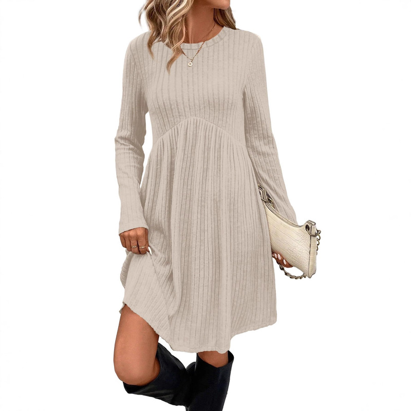 European and American Amazon 2025 Women's Long-Sleeve Long Dress, Knitted Round Neck, High-Waisted with Belt, Pockets, Elegant European and American Amazon 2025 Women's Long-Sleeve Long Dress, Knitted Round Neck, High-Waisted with Belt, Pockets, Elegant