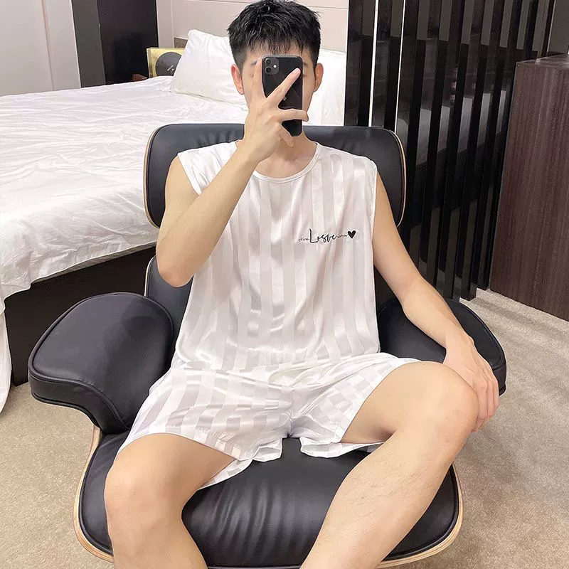 Summer solid pijama sleevless for leisure, silk vest, set