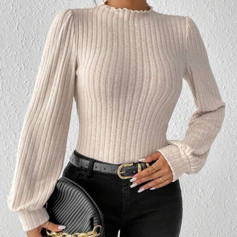 Cross-Border Exclusive French-Style Wave Edge Small Stand Collar Lantern Sleeve Long-Sleeve Knitted Brushed Ribbed Bodysuit Top