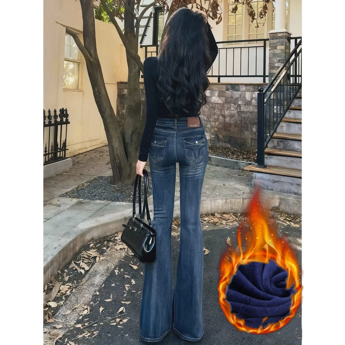 American High-Waisted Haze Blue Bootcut Jeans for Women in Autumn and Winter Fleece-Lined 2025 New Horseshoe Pants Slimming Look Bell-Bottom Pants