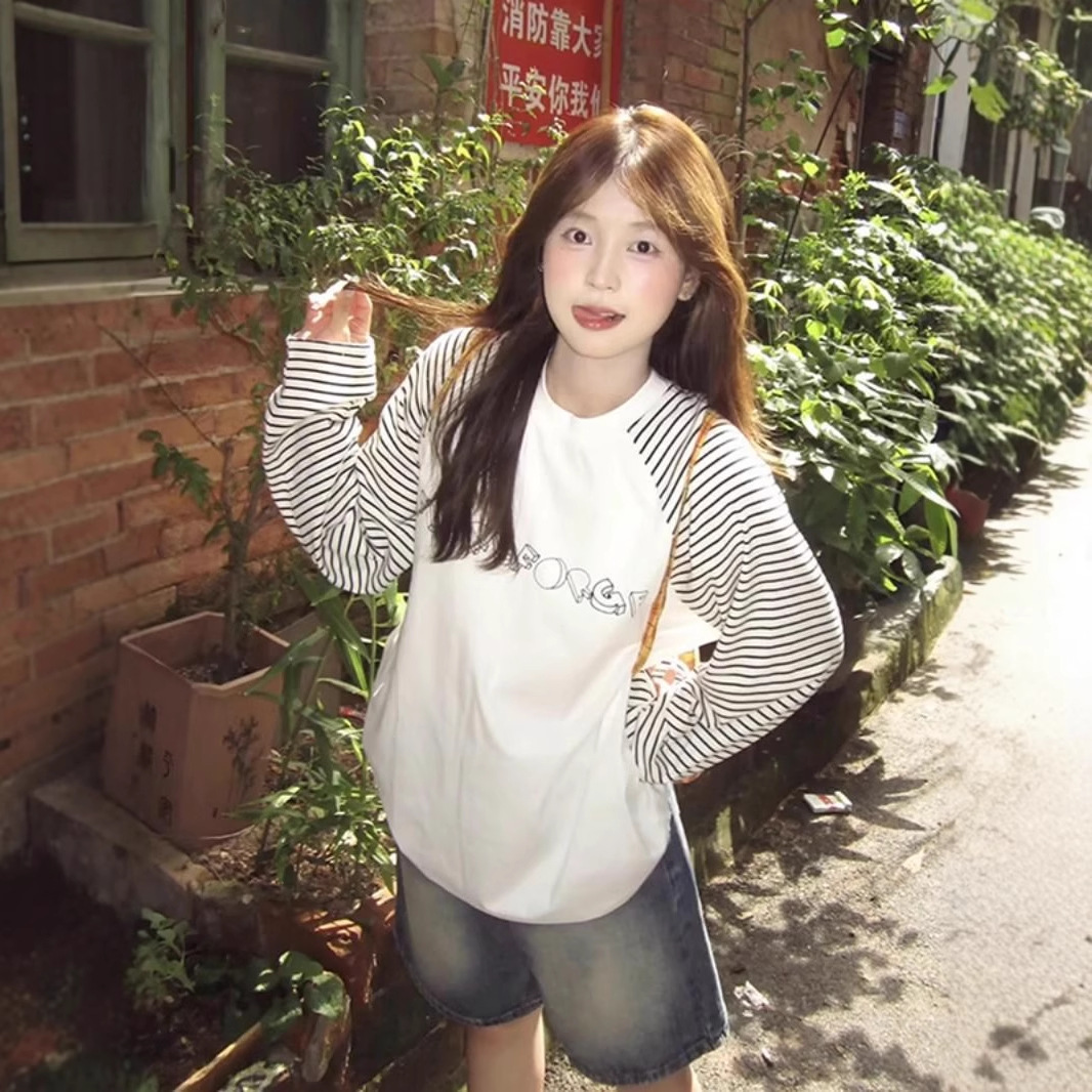 Early Autumn New Korean Style Ins Lazy Style Letter Printed Stripesd Long-Sleeved T-Shirt Women's Loose Casual Tops Women's Wholesale