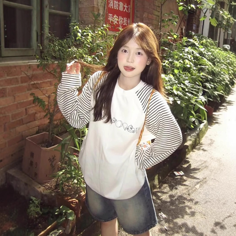 Early Autumn New Korean Style Ins Lazy Style Letter Print Striped Long-Sleeve T-Shirt for Women, Loose Casual Top for Women Wholesale