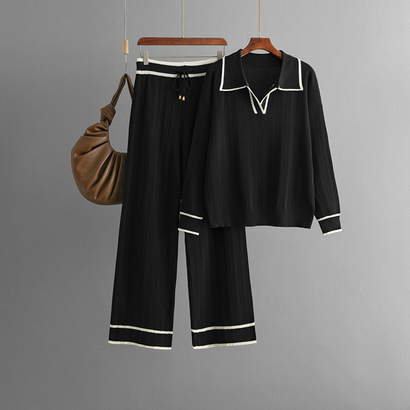 Autumn Winter Polo Collar Contrast Color Casual Set High Waist Slimming Knitted Two Piece Set