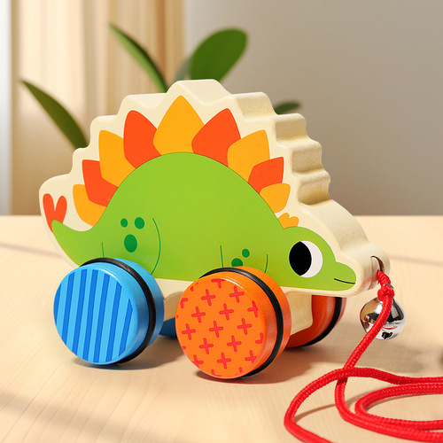 Wooden cartoon dinosaur animal push tractor pull cord pull cord baby 1-2-3 years old walker educational toy