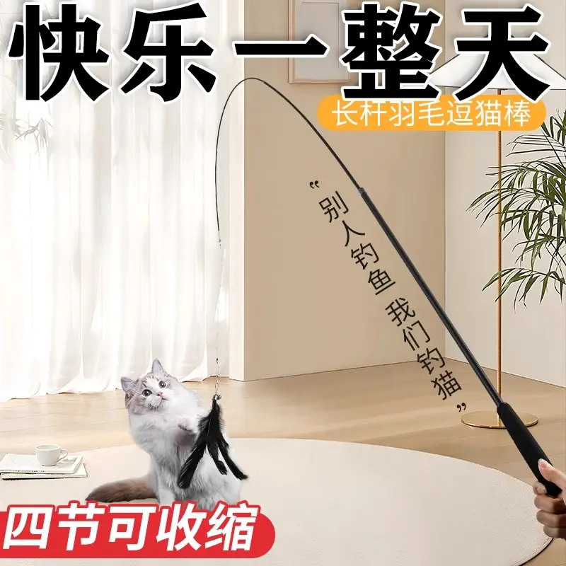 Cat Teaser Wand with Extendable Long Rod, Cat Toy with Feathers, Extra Long Kitten Self-Entertainment Fishing Rod, Steel Wire Bite-Resistant Supplies