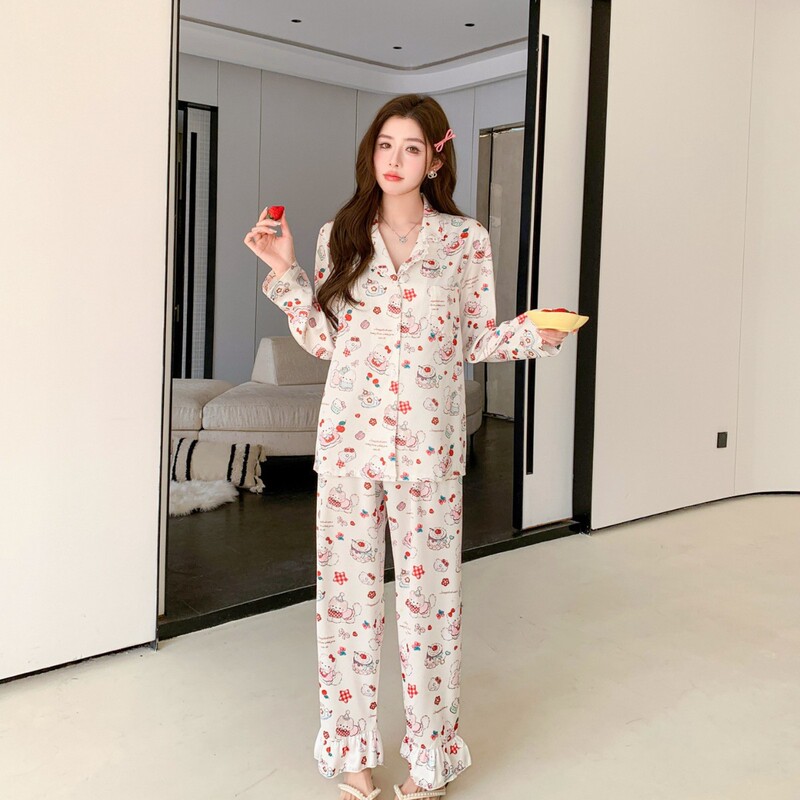Women's Pajamas, Ice Silk, Spring, Summer, Autumn, Thin Long-Sleeved Set, Imitation Silk, Cute Cartoon Home Wear, Internet Celebrity Style Women's Pajamas, Ice Silk, Spring, Summer, Autumn, Thin Long-Sleeved Set, Imitation Silk, Cute Cartoon Home Wear, Internet Celebrity Style