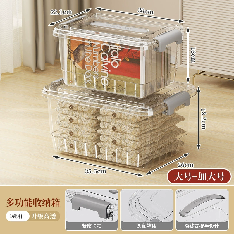 Transparent Storage Box, Thickened Plastic, Locking Handles, Multiple Sizes (Small–XL)