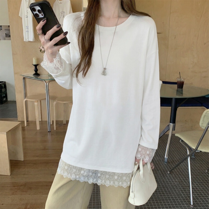 Lace Velvet Base Shirt for Women, Autumn and Winter Inner Wear, Fleece-Lined Mid-Length Long-Sleeve T-Shirt, Popular Style, 2025 New Model