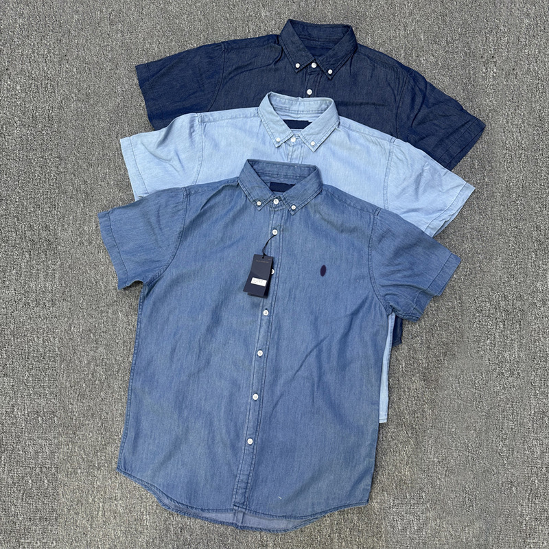 Denim Shirt Men's Summer Thin Breathable Cotton American Casual Washed Soft Slim Short-Sleeved Pony Logo Shirt Denim Shirt Men's Summer Thin Breathable Cotton American Casual Washed Soft Slim Short-Sleeved Pony Logo Shirt