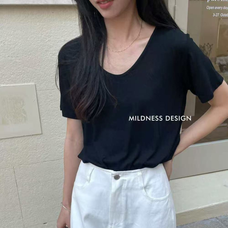 Mildness Em1052 Evergreen Versatile Modal V-Neck Short-Sleeve Slim-Fit Minimalist Women's T-Shirt Mildness Em1052 Evergreen Versatile Modal V-Neck Short-Sleeve Slim-Fit Minimalist Women's T-Shirt