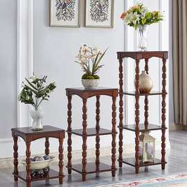 美式实木花架书架阳台置物支架落地花盆摆放架子中式花几立柱新w&