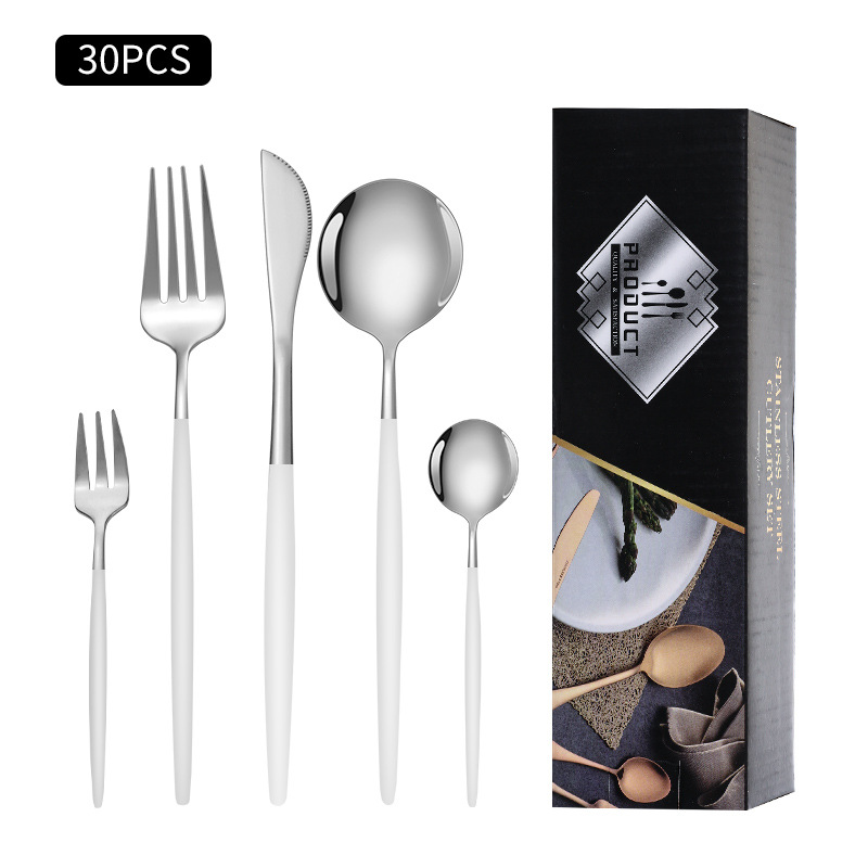 Cruz-Frontera de acero inoxidable vajilla portugués cuchillo y tenedor conjunto de 30 piezas de comida occidental cuchillo de filete de oro y cuchara de la caja de regalo