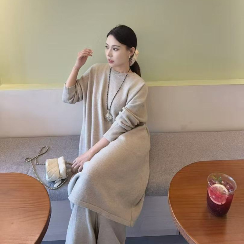 跨境休闲针织套装女2025秋冬新款加厚中长款连衣裙+阔腿裤两件套|undefined