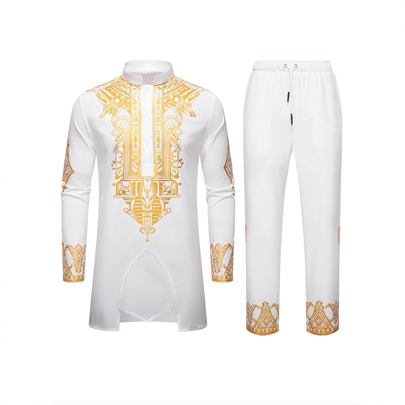 Cross-Border European and American Style Men's Clothing, Gold-Printed Casual Suit, Long-Sleeved Shirt and Trousers Two-Piece Set