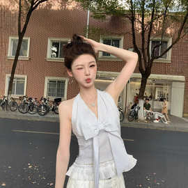 蝴蝶结条纹美背v领挂脖背心女夏季修身无袖外穿辣妹显瘦短款上衣