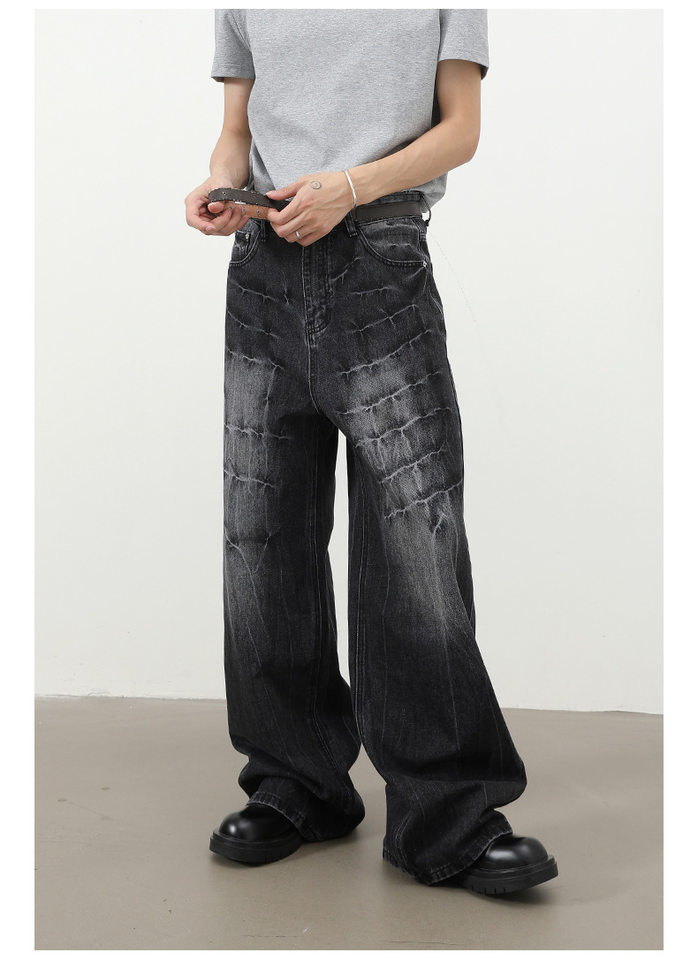 Quần jeans nam dáng rộng ống thẳng họa tiết sét chất liệu washed phong cách đường phố — màu xanh, màu xám đen chi tiết 10