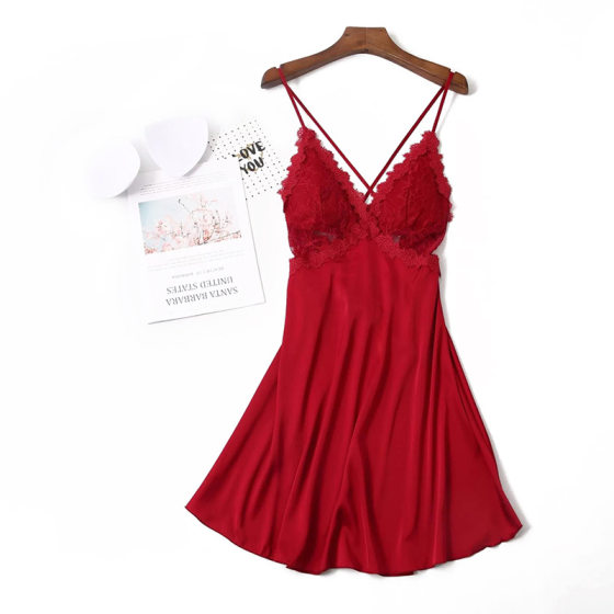 Lace V-neck suspenders nightgown women's summer with chest pad ice silk chiffon nightgown thin home clothes a generation of hair
