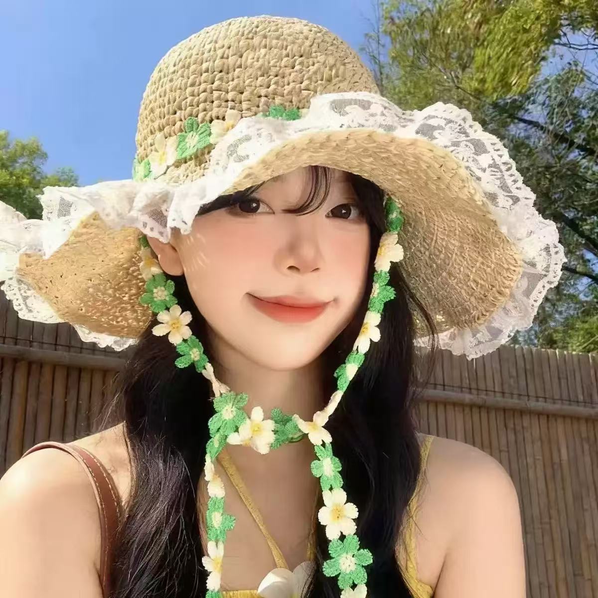 녹백색 플라워 페더 밀짚모자 - 베이지