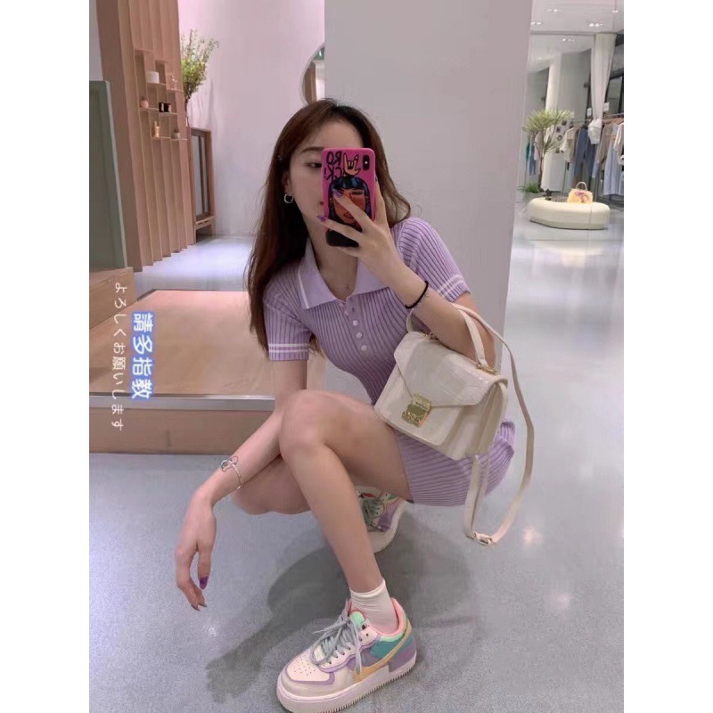 2025 Summer Korean Style Little Fragrance Ice Silk Knitted Skirt Slim Fit Salty or Sweet Short Polo Dress for Women