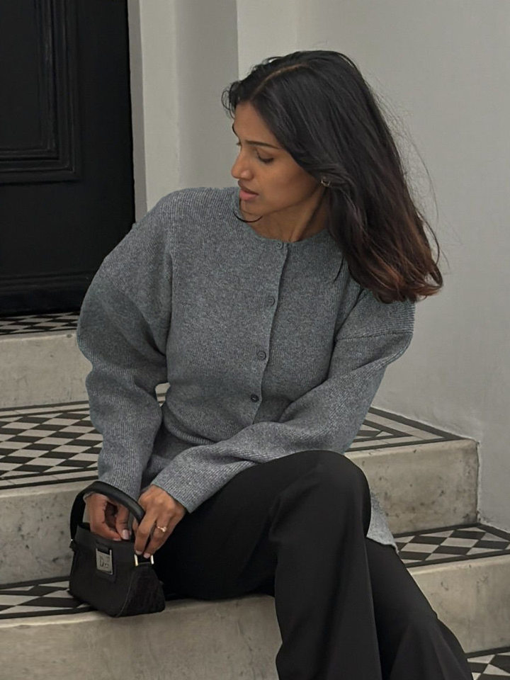 Áo cardigan dệt kim nữ dáng ôm chiết eo một hàng cúc dài tay — màu xám chi tiết 5