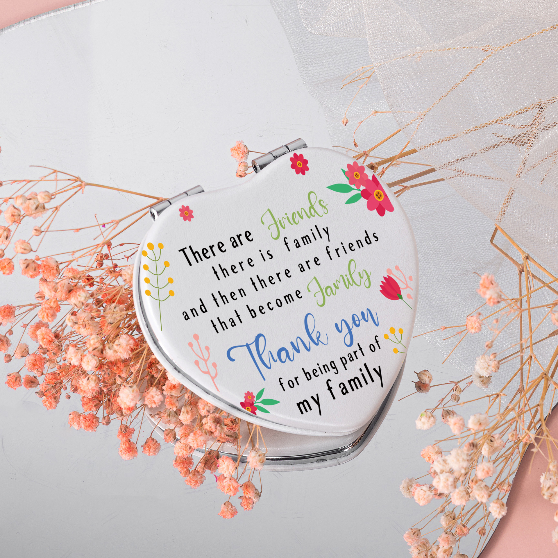 Espejo portátil con funda de PU en forma de corazón, estilo ins