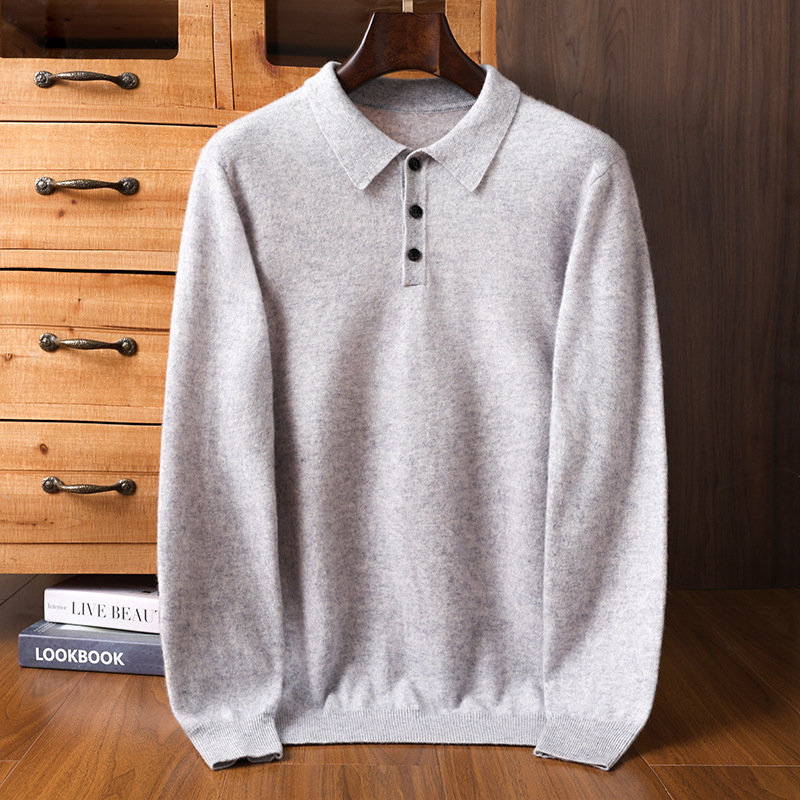 Autumn and Winter Goat Shirt Men's Polo Collar Sweater Loose Lapel Cashmere Sweater Long Sleeve Base Sweater for Men