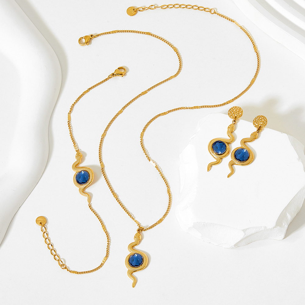 Retro Snake Stainless Steel Inlay Glass Bracelets Earrings Necklace