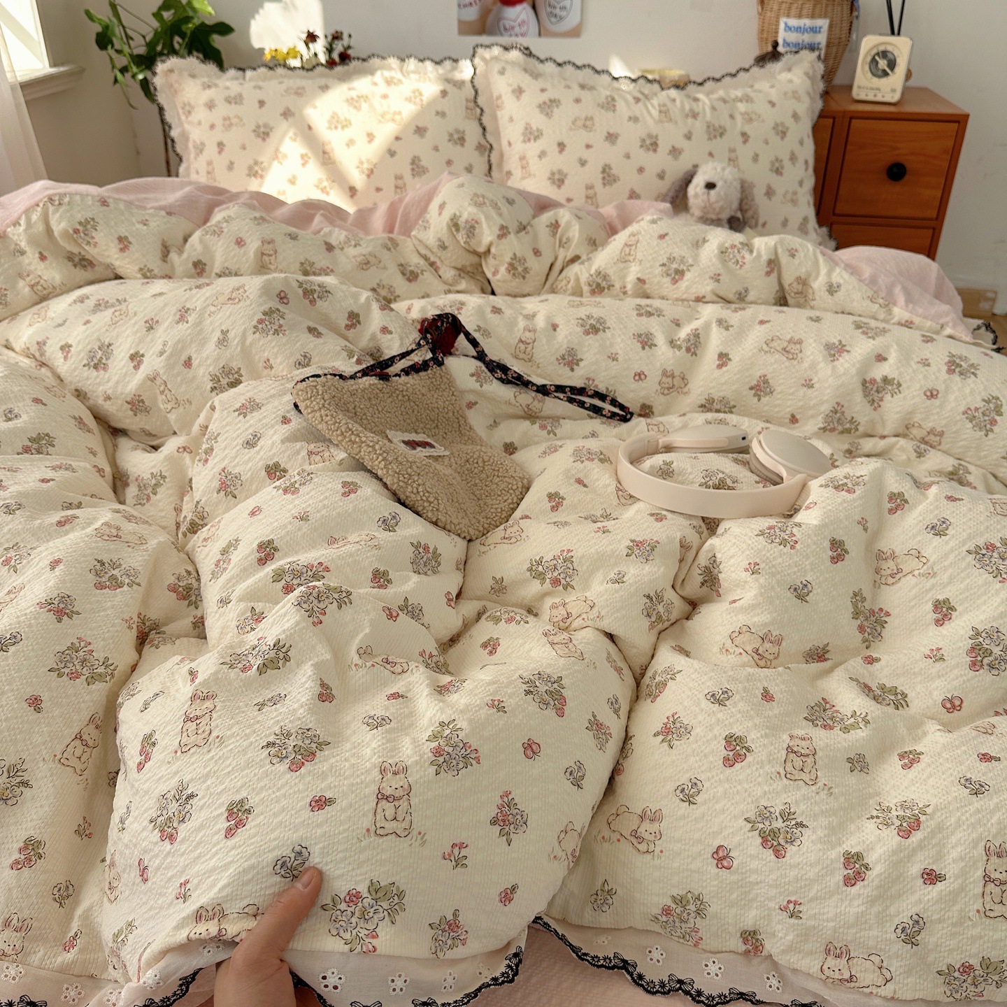 Nordic French Vintage Boho French-style Vintage Double-layer Gauze Four-piece Nordic Fresh Lace Style Single-person Three-piece Set, Double-person_voghion.com