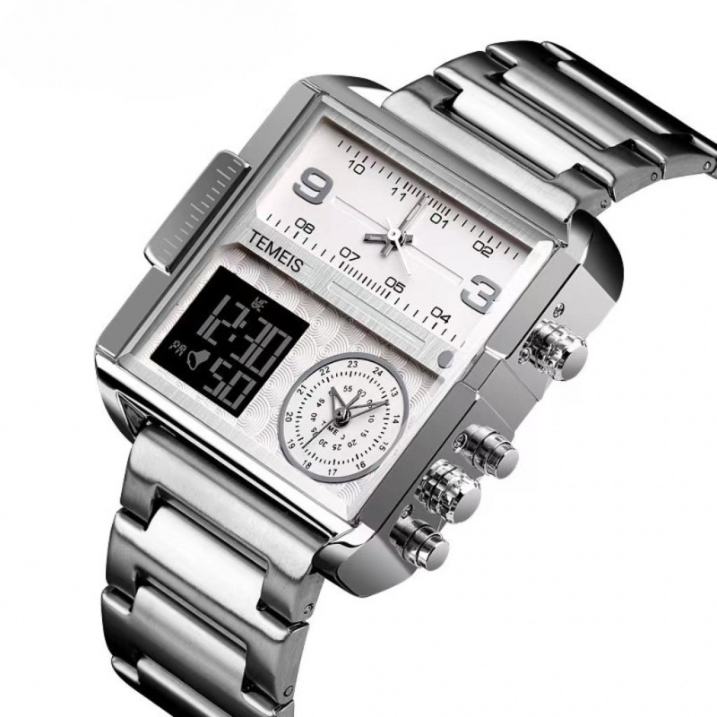 特美诗8160方形防水手表外贸三时间大表盘男女电子表计时夜光