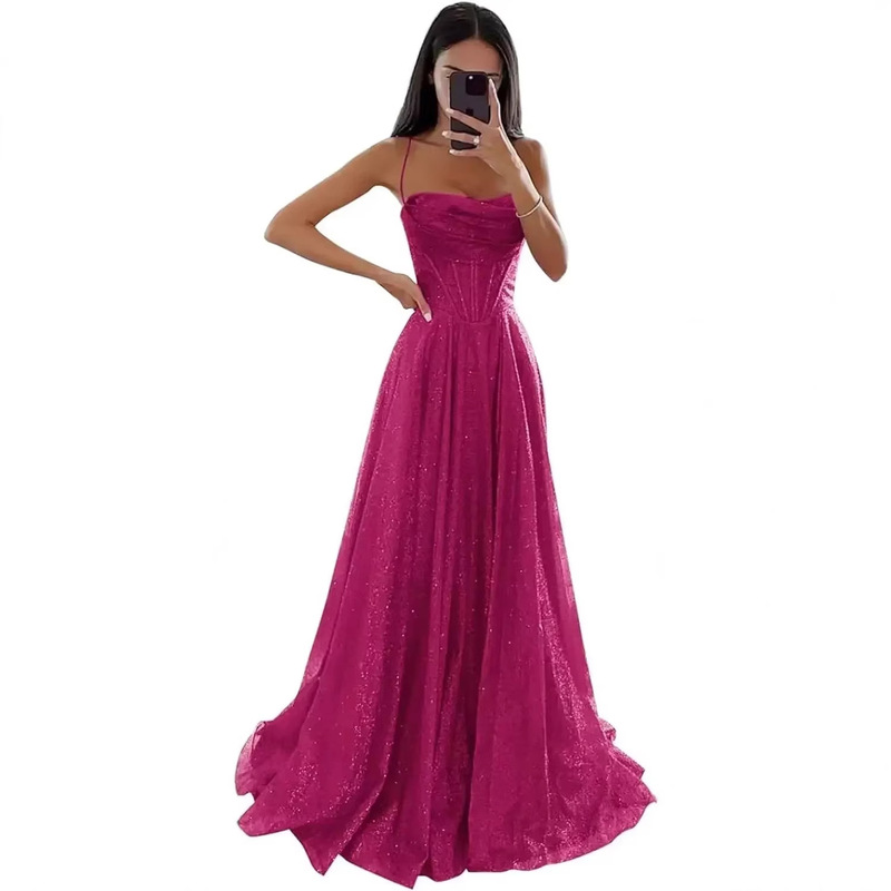 European and American style thin-strap glitter evening dress with fishbone drape, long gown for adult ceremonies, banquets, and balls, cross-border supply European and American style thin-strap glitter evening dress with fishbone drape, long gown for adult ceremonies, banquets, and balls, cross-border supply