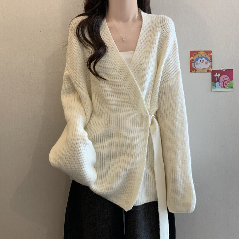 跨境外贸慵懒高级感V领系带针织开衫女秋冬季宽松中长款毛衣外套|undefined