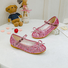 Korean style bow princess children's shoes 2023 new Velcro sequin flat shoes for big children and girls dance leather shoes