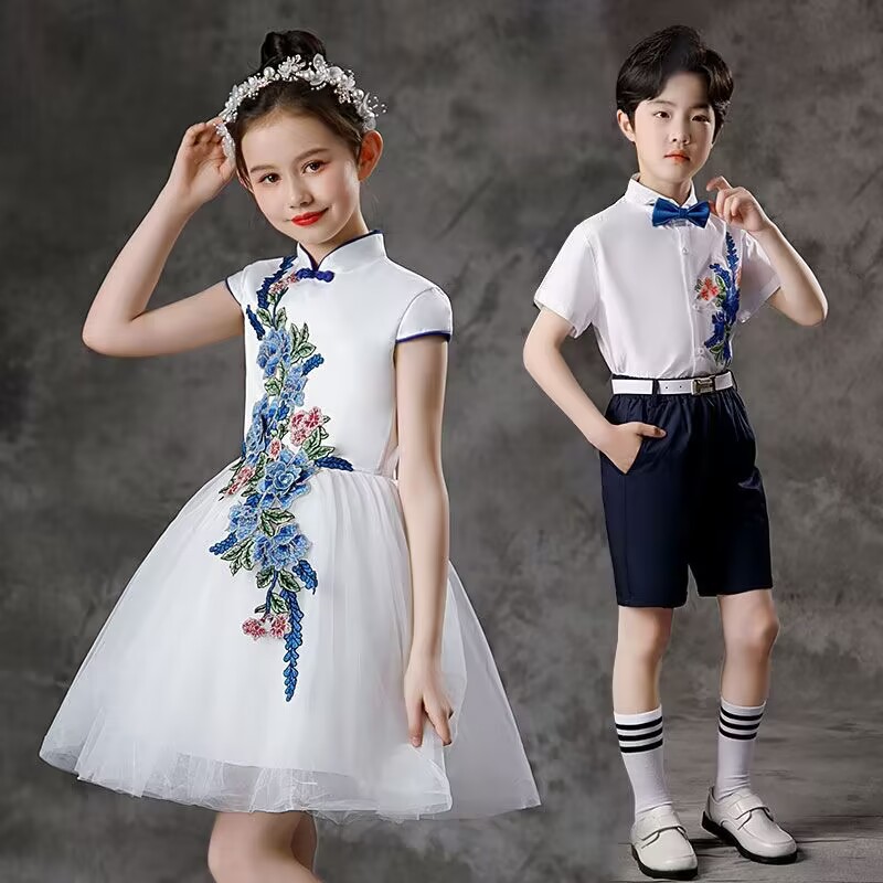Children's Day Performance Costume Primary and Secondary School Students Chorus Costume Blue and White Porcelain Recitation Guzheng Performance Costume Chinese Style Skirt