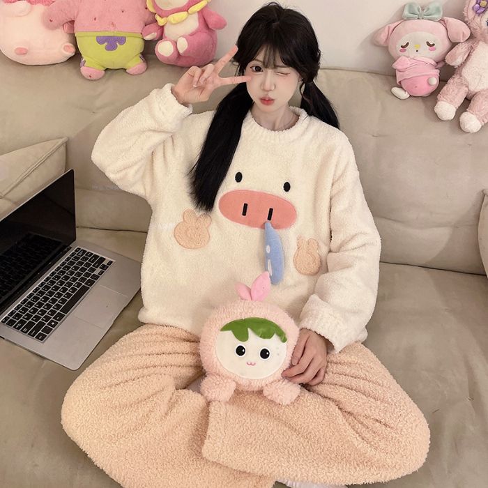 파자마 여자 가을 겨울 코랄 기모 두께 기모 플랜지 가정복 소녀 겨울 귀엽다 외장 세트