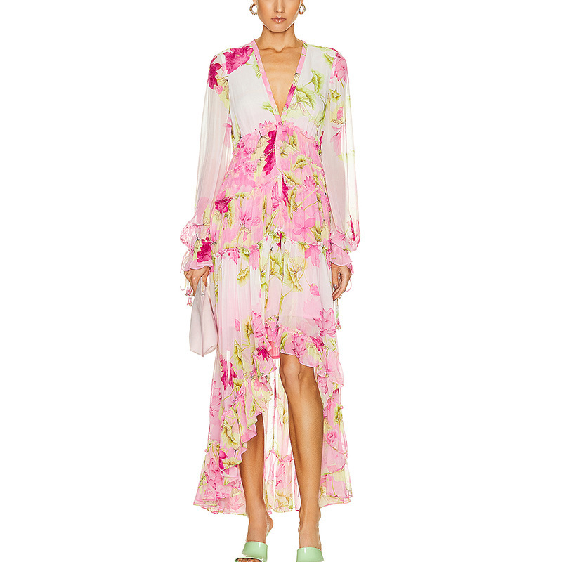 Shenzhen Nanyou Accessible Luxury Designer Fashion High and Low Asymmetrical V Neck Long-Sleeved Women's Dress Chic