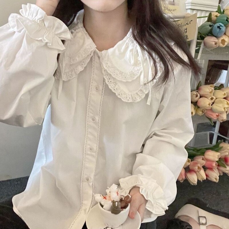 Lolita Inner Shirt Autum Japanese Style Soft Girl Cute Lace Doll Collar Lace-Up Long-Sleeved Top Bottoming Lolita Inner Shirt Autum Japanese Style Soft Girl Cute Lace Doll Collar Lace-Up Long-Sleeved Top Bottoming
