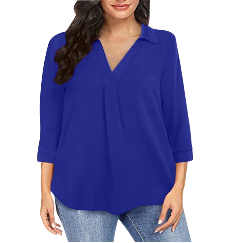 2025 Cross-Border Amazon New European and American Chiffon Women's Pullover Large Size Loose V Neck Three-Quarter Sleeve Shirt Top