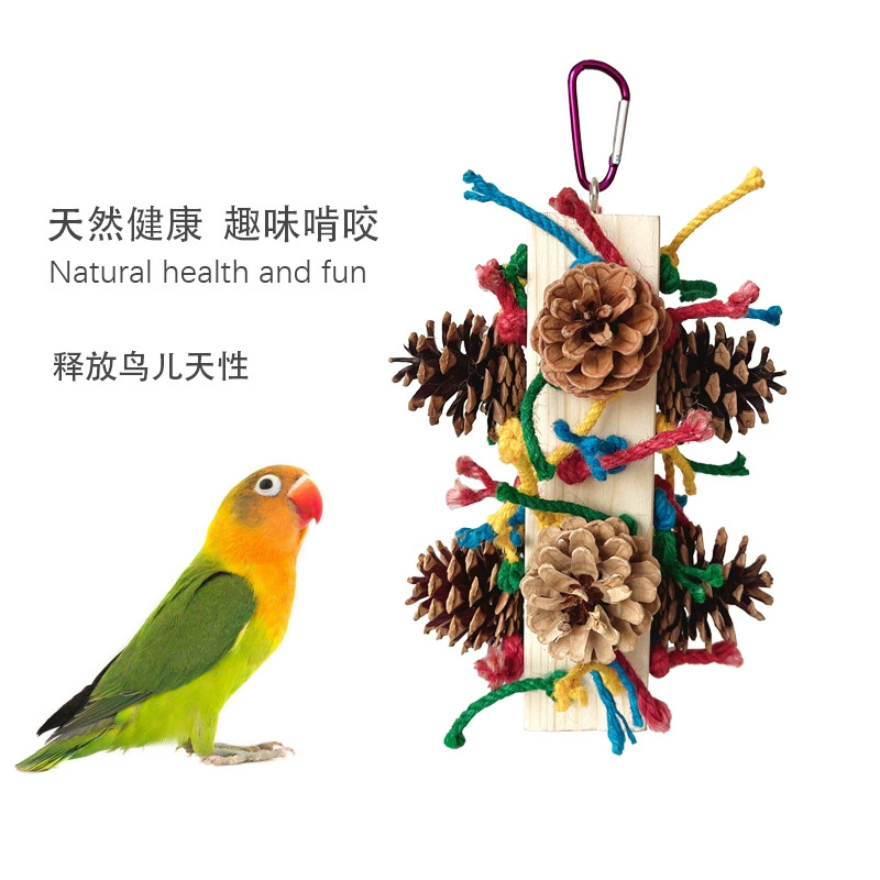 Игрушка-попугай из цельного дерева подставка для птиц, снимающая повреждения от разрывов, душный укус, деревянная квадратная комбинация из натуральной сосновой шишки