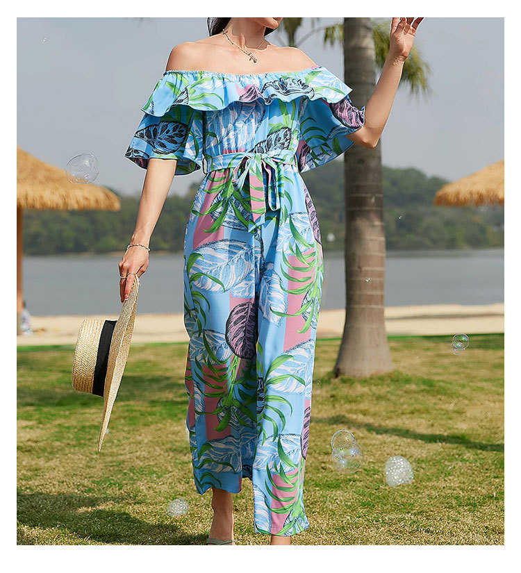 Women Clothing Fashion off-Shoulder Floral Jumpsuit Summer Short Sleeve Chiffon Vacation Beach Jumpsuit