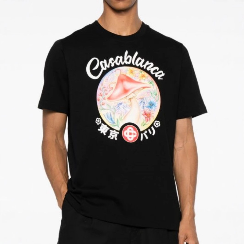 25 New Summer Products for Men, Black Mushroom Floral Print Short-Sleeved T-Shirts, Fashionable Loose and Versatile Round Neck Pullovers