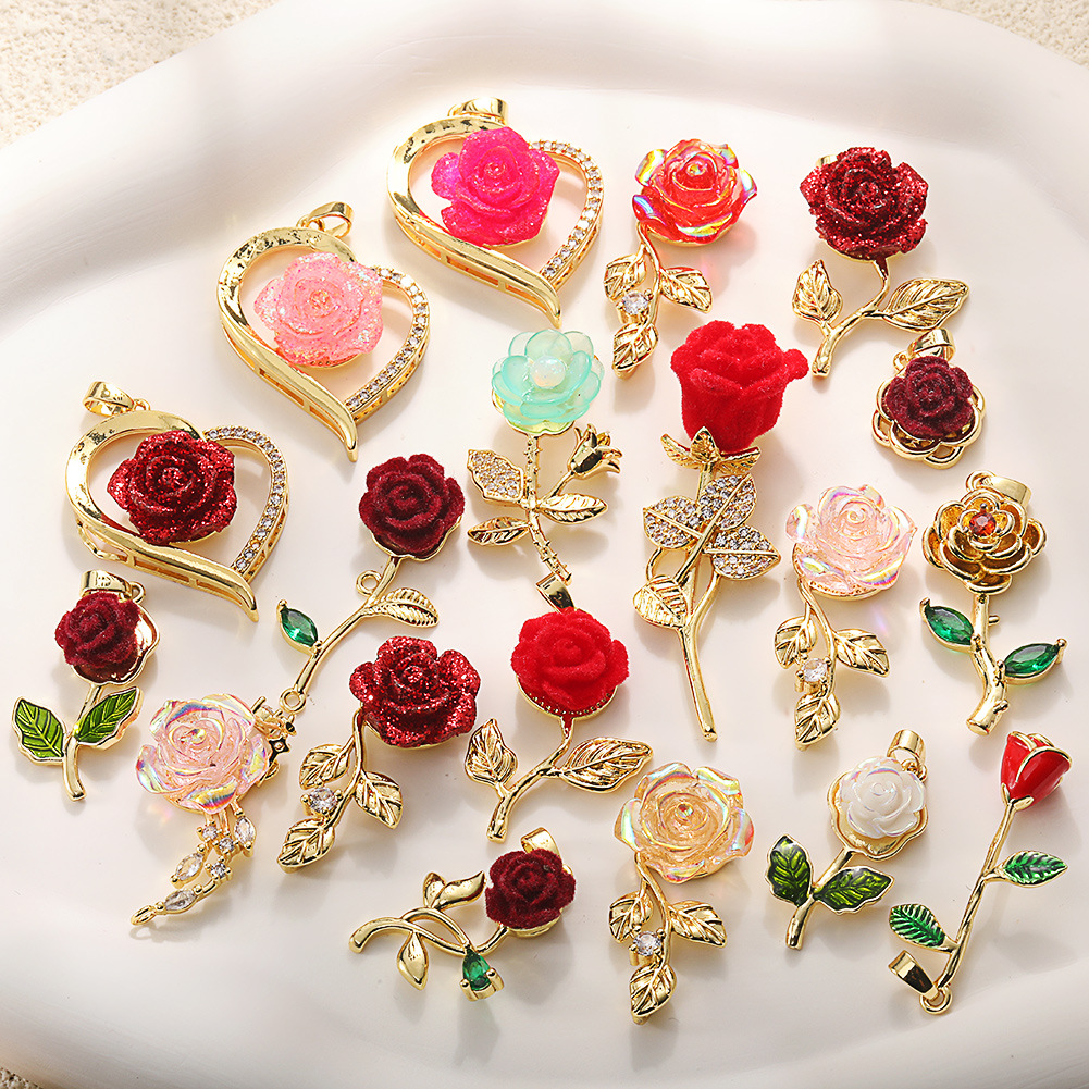 跨境保色玫瑰吊坠铜镀真金花朵胸针胸花diy饰品配件项链手链挂件
