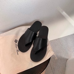 秒發！蘇茵茵同款鞋進口牛皮簡約三角夾趾平底拖鞋女涼拖鞋夏