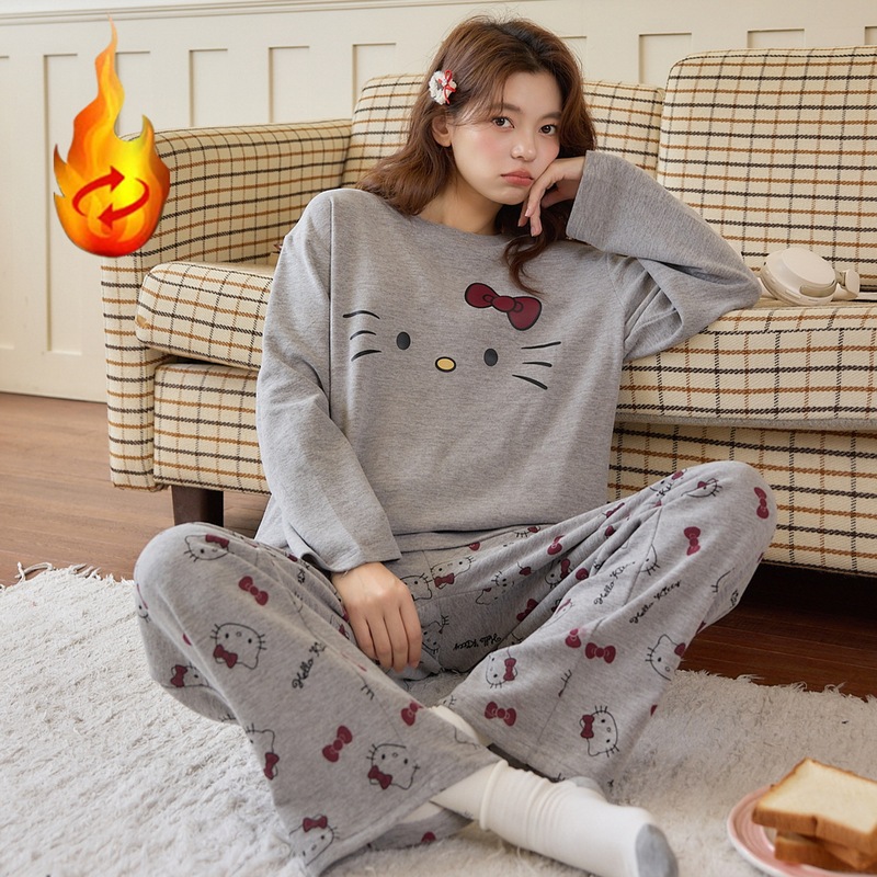 Derong Pajamas for Women 2026 Winter Long-Sleeved Pants Set Cartoon Sweet and Cute Silk Wool Home Clothes