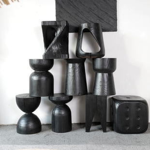 Wabi-Sabi Style Solid Wood Pier Carbonized Black Log Stool Stool Tree Stump Corner Table Bed and Breakfast Wooden Pile Root Carving Stool