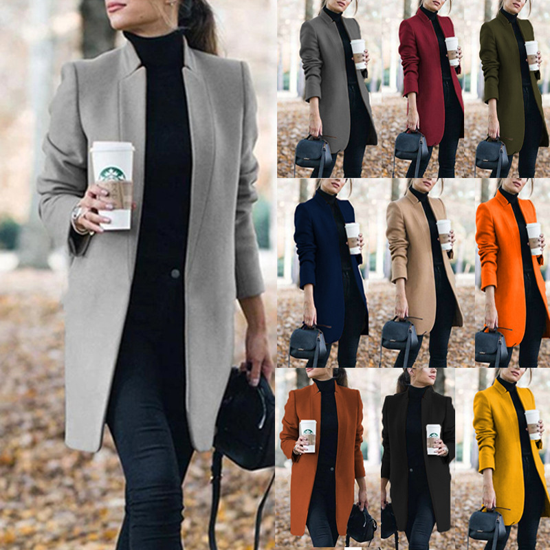 2025 Amazon Ebay New Autumn and Winter European and American Fashion Solid Color Stand Collar Woolen Coat