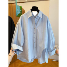 韩国东大门蓝色衬衫女长袖2025新款宽松不规则设计感松弛感上衣秋